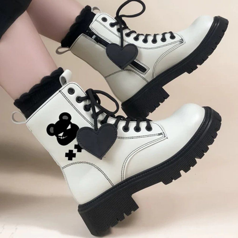 Bear Heart PU Leather Ankle Boots | Women Shoes Chunky Heels Lolita #770